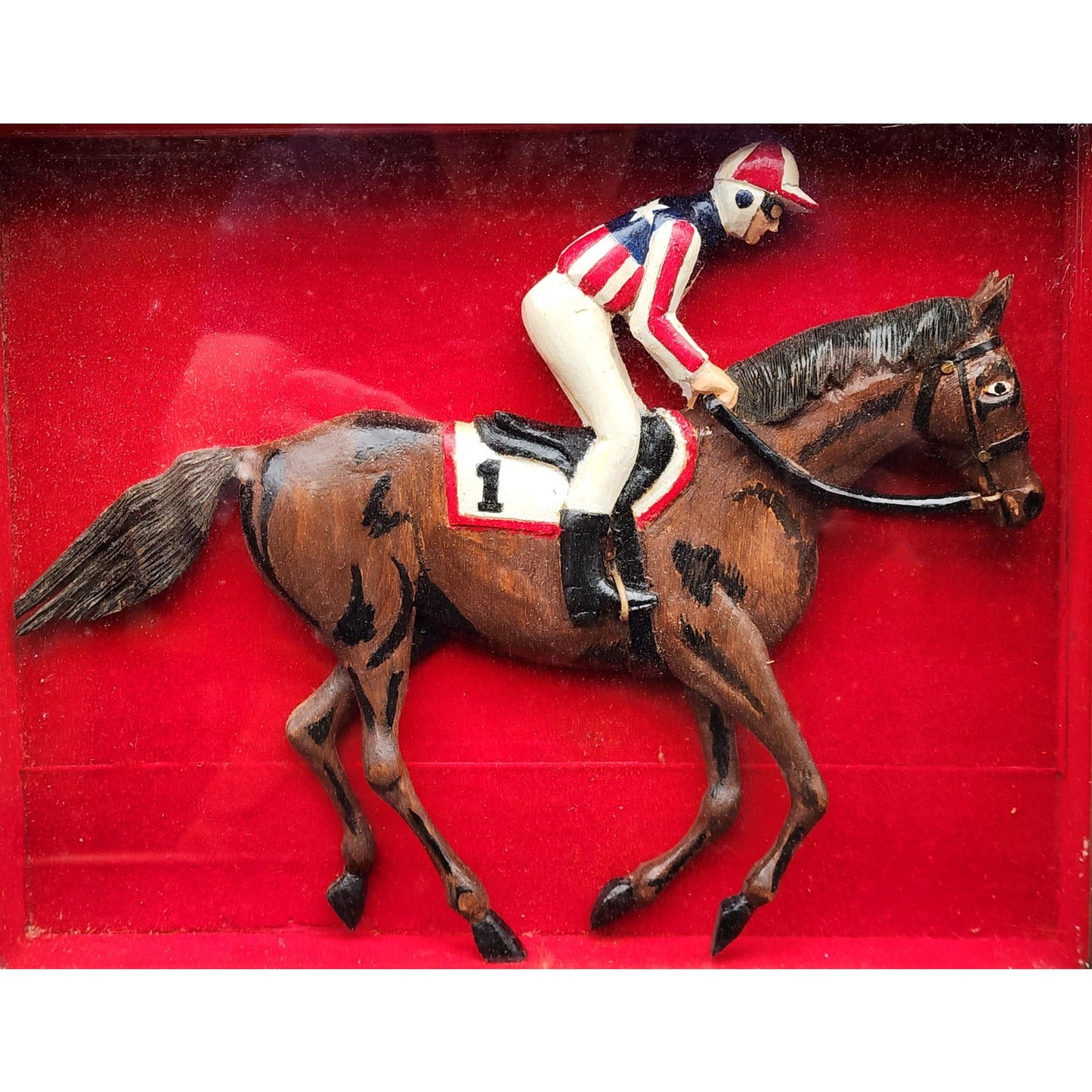 Vintage Bud Ware Racing Colours Hand Carved Horse & Jockey Shadowbox Wood Art