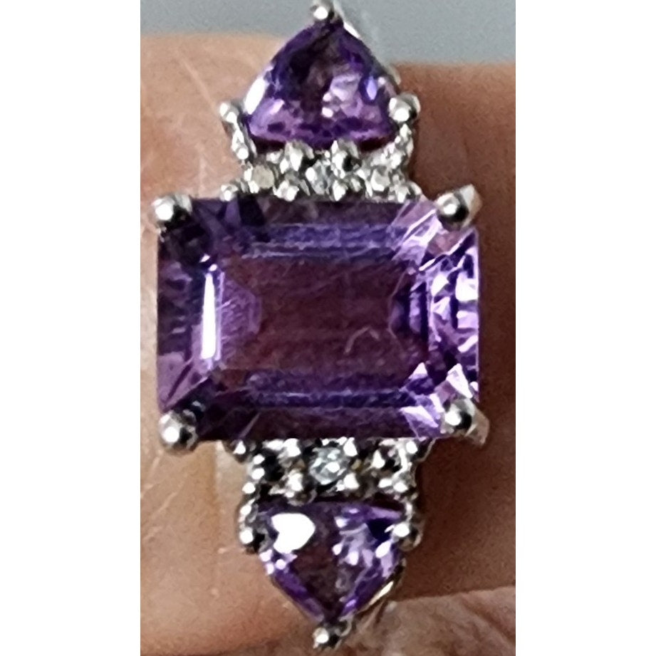 Vintage Sterling Silver Amethyst Ring w/ Mini Diamonds Size 7 + Gift Box