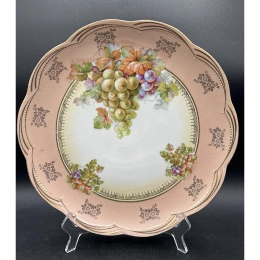 Antique German Porcelain Bowl Grapes Gold Trim Pink Rim Scalloped 12"
