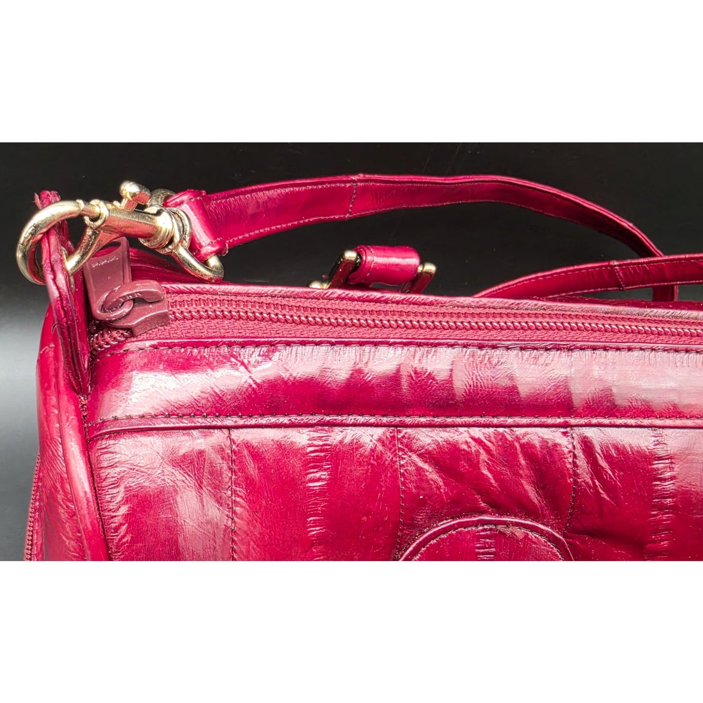 Vintage Genuine Eel Skin Burgundy Handbag Korea w/ Strap & Brass Hardware
