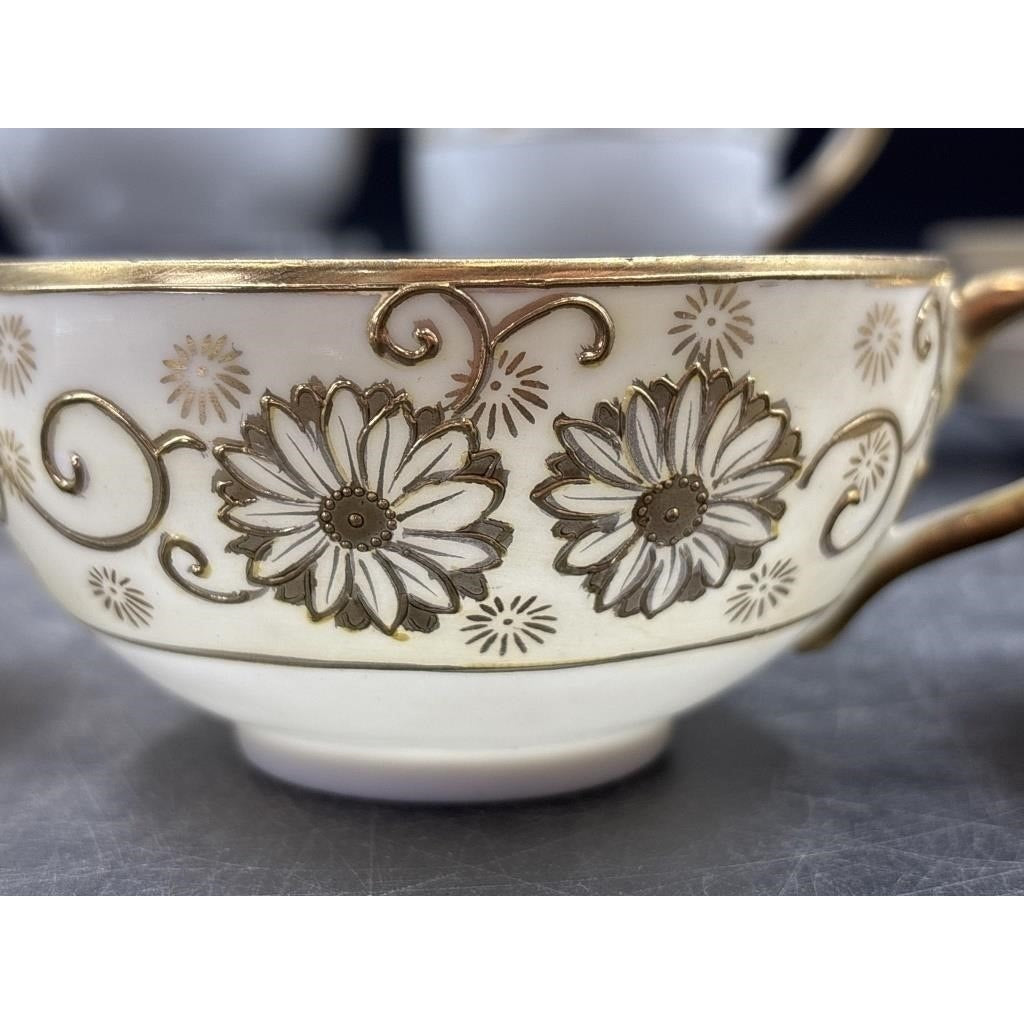 Vintage Japanese Tea Set | Eggshell Lusterware Cups + Porcelain Teapot & Serving Pieces | Gold Floral | Mid-Century Elegance