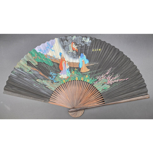 Vintage Chinese Hand Painted Folding Fan Dragon Painting Legend Wood Frame 20.5"