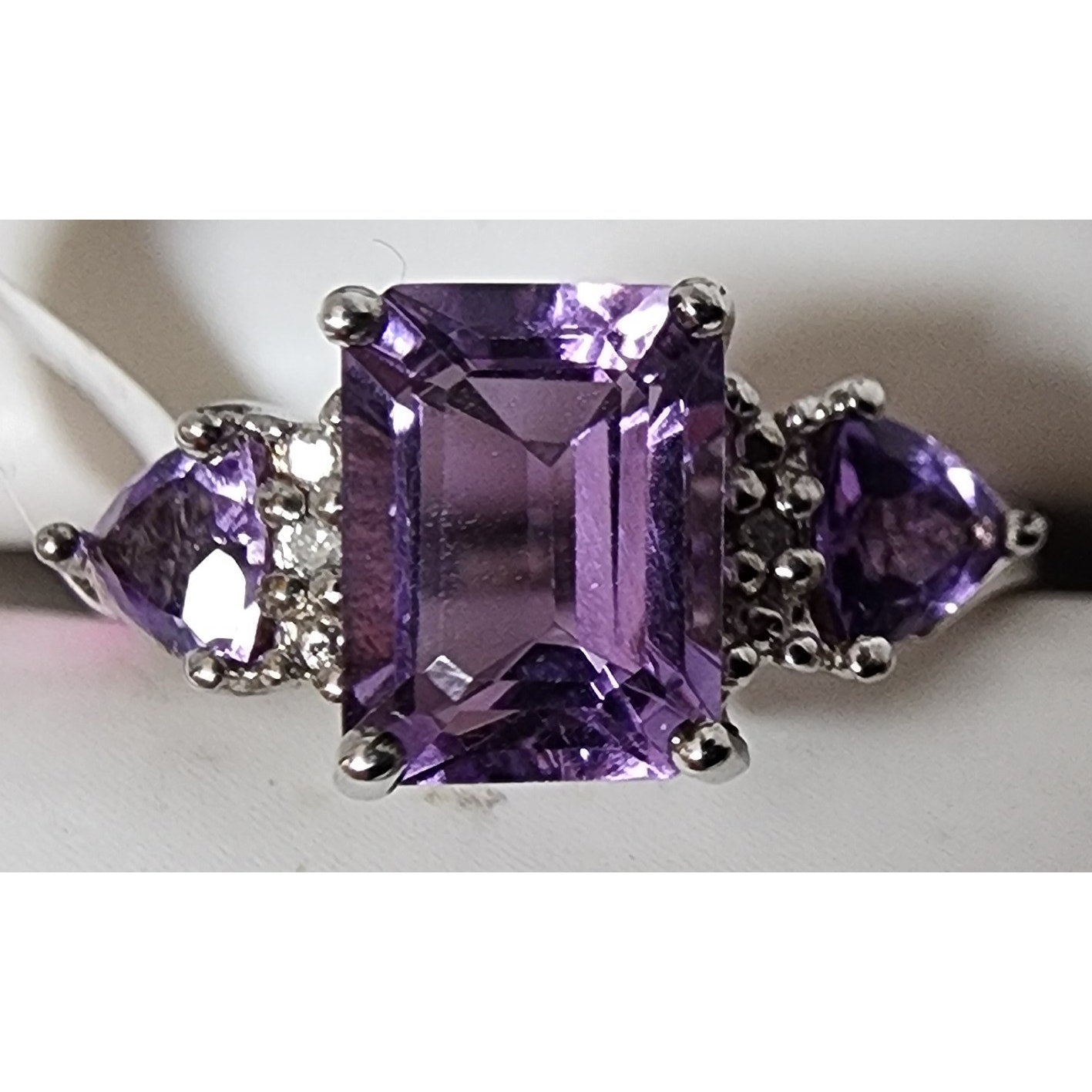 Vintage Sterling Silver Amethyst Ring w/ Mini Diamonds Size 7 + Gift Box