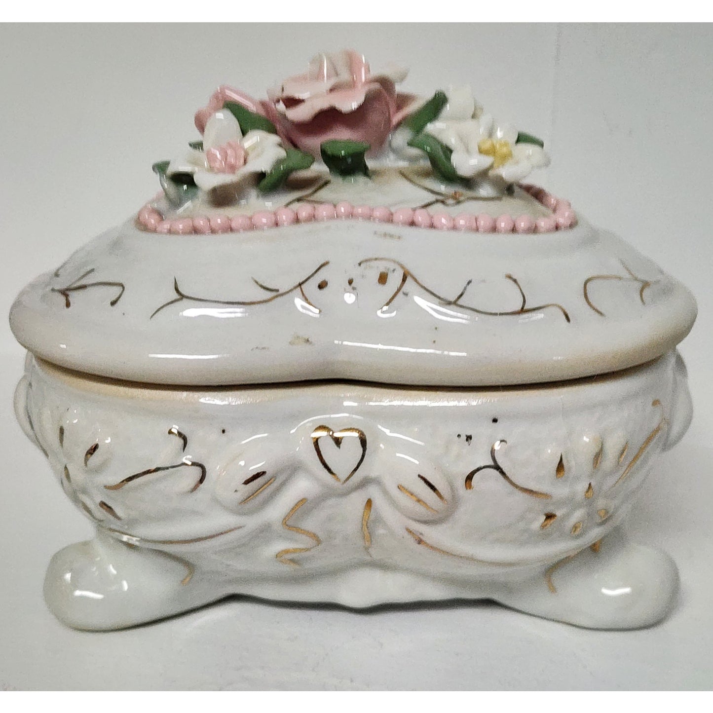 Vintage Porcelain Heart Trinket Box w/ Floral Bouquet & 22K Gold Detailing