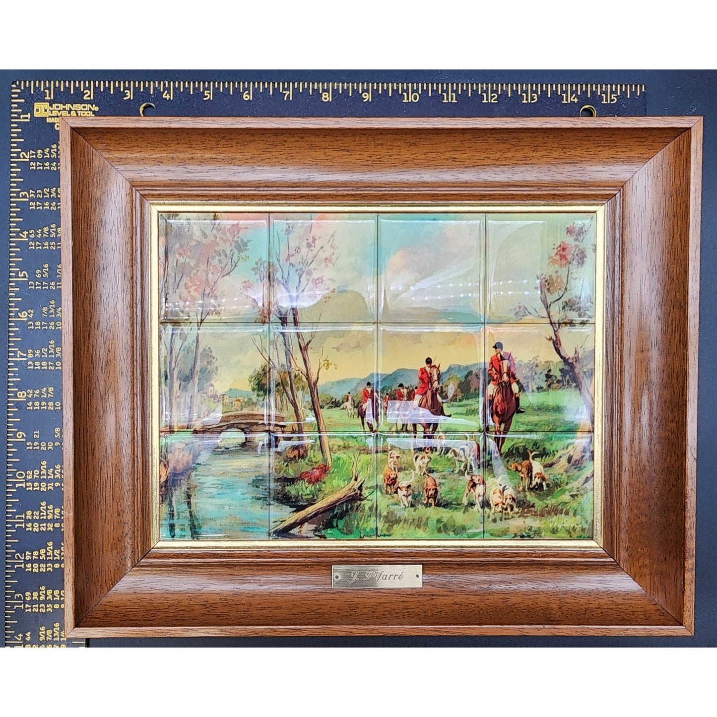 Vintage J. Pifarré “Hunt in the Park” 12‑Tile Mosaic in Wood Frame 14.25x11.75