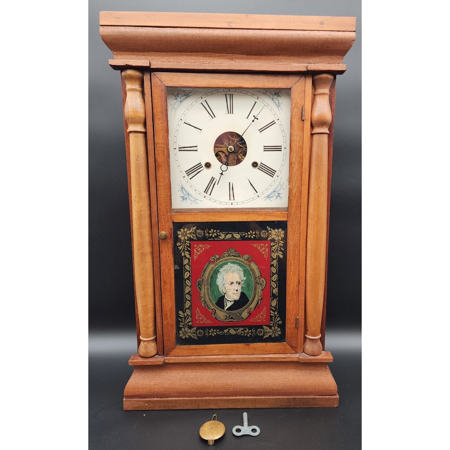Antique Seth Thomas OG Clock w/ Andrew Jackson Glass, Key & Pendulum