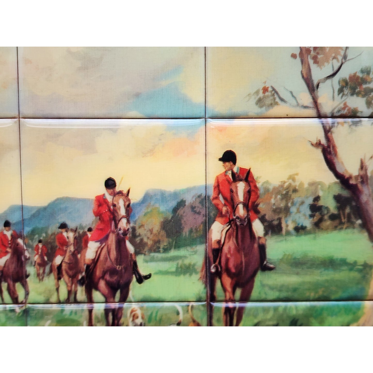 Vintage J. Pifarré “Hunt in the Park” 12‑Tile Mosaic in Wood Frame 14.25x11.75