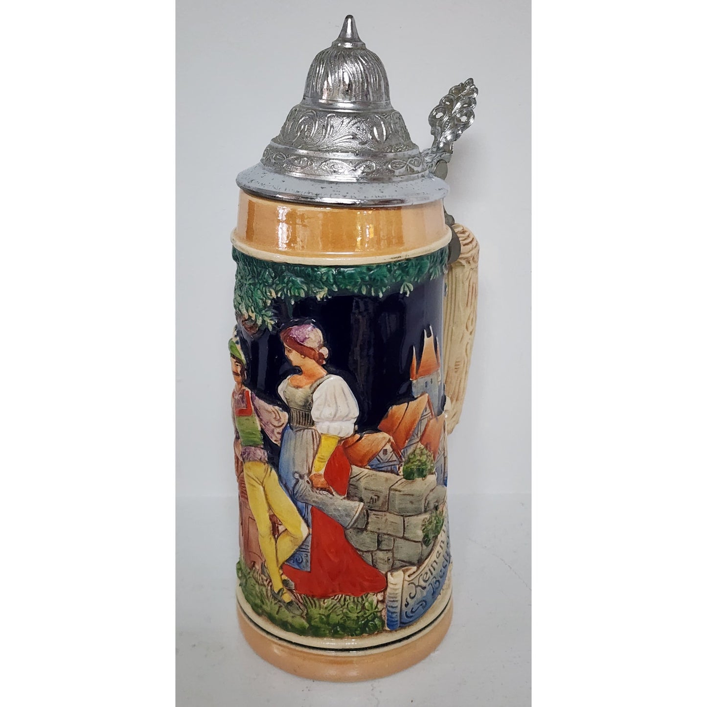 Vintage German Beer Stein Pewter Lid Hand Painted Relief 9.5" Heavy Ceramic