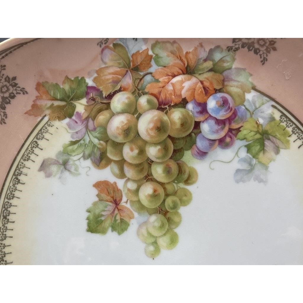 Antique German Porcelain Bowl Grapes Gold Trim Pink Rim Scalloped 12"