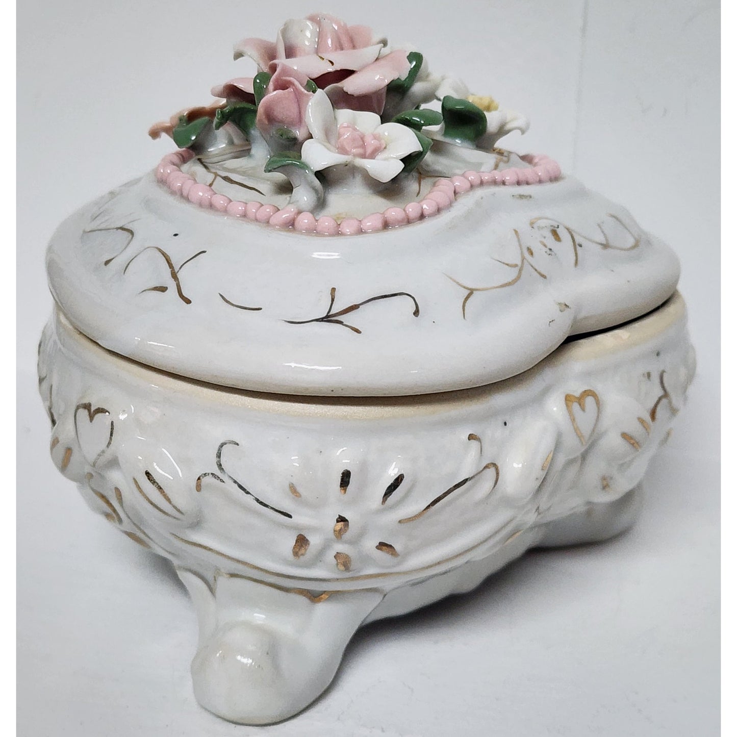 Vintage Porcelain Heart Trinket Box w/ Floral Bouquet & 22K Gold Detailing