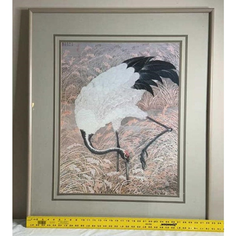 Vintage Japanese Crane Artwork Framed & Matted 33x39" Rice Field Scene