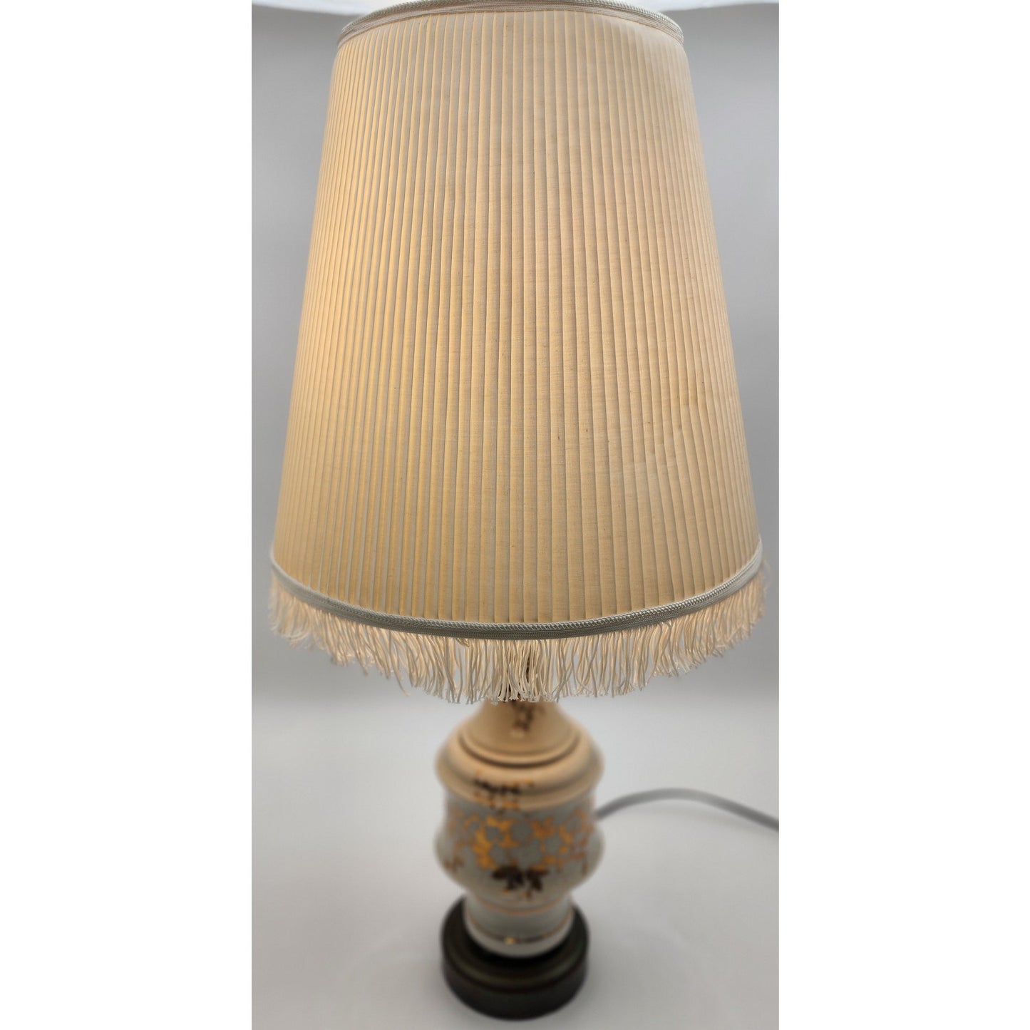 Vintage Asian Ceramic Lamp Gold Floral Relief w/ Tassel Shade 31" Tall Works