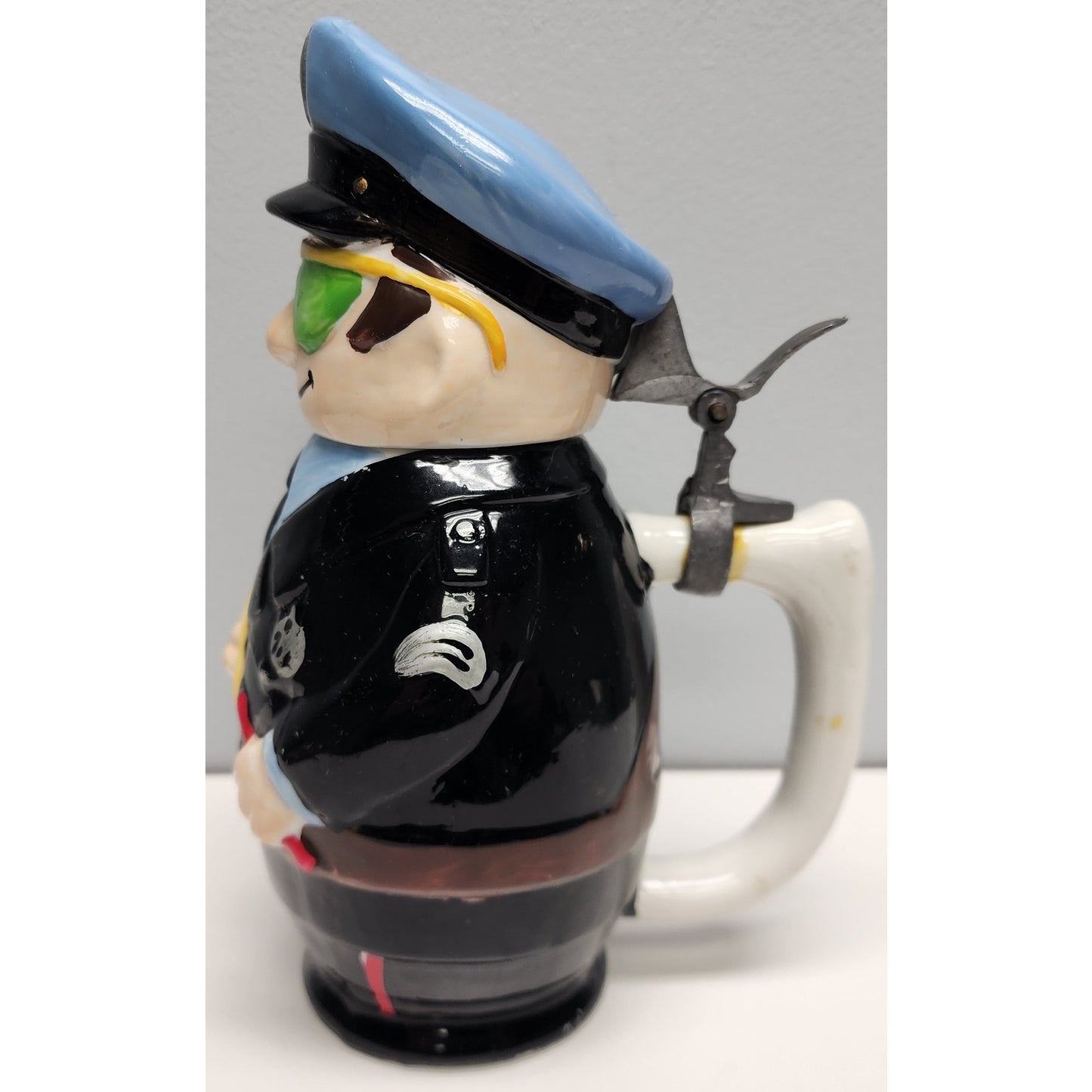 M.S.R. Imports Policeman Mug, Ceramic, Pewter Lid, Hand Painted, 8.25" Vintage