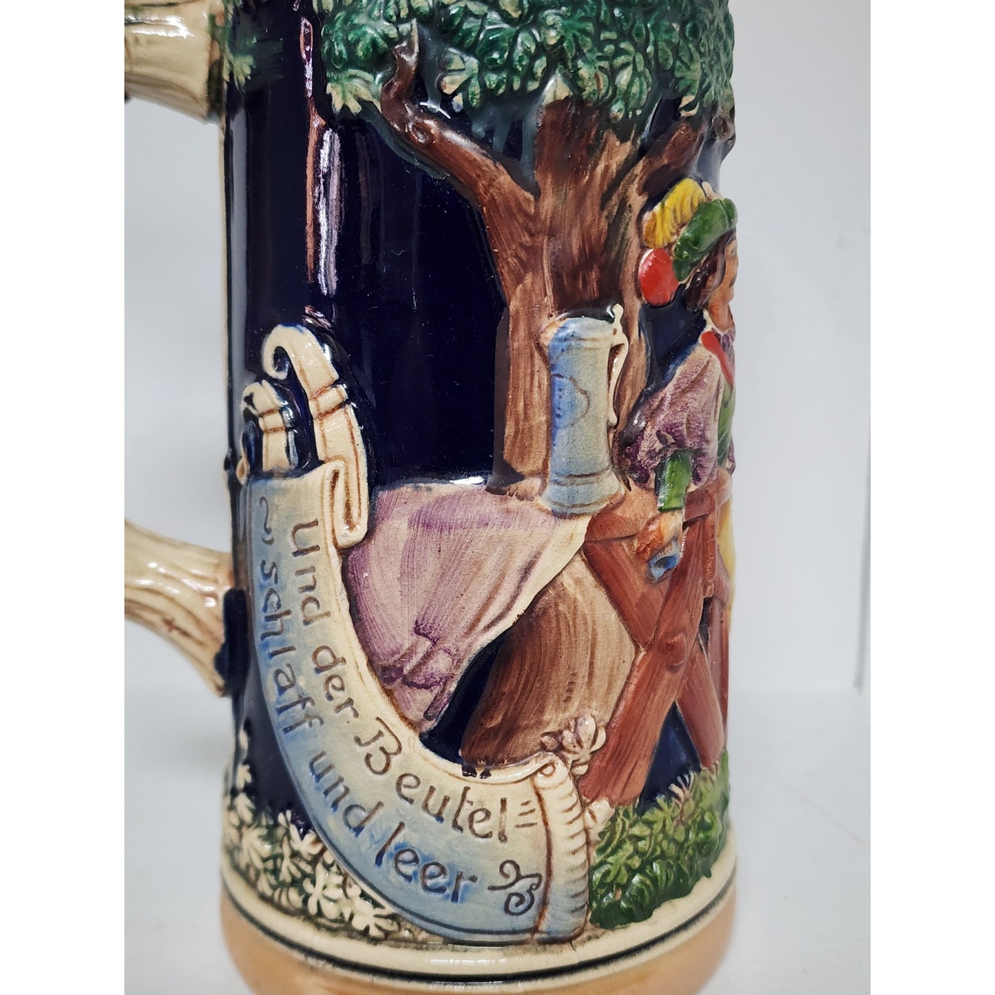 Vintage German Beer Stein Pewter Lid Hand Painted Relief 9.5" Heavy Ceramic