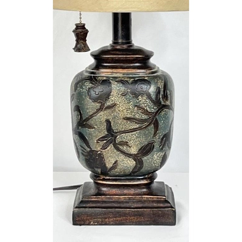 Vintage Ceramic Table Lamp Etched Floral w/ Shade & Ornate Pull Chain 18"