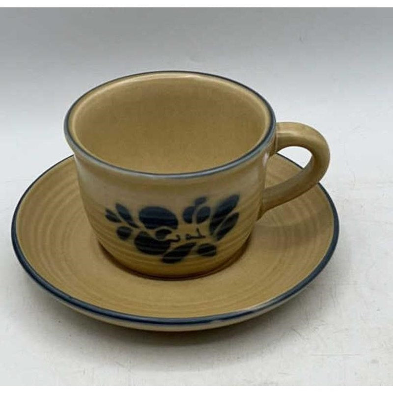 VTG Pfaltzgraff Folk Art 5‑Pc Place Setting Blue Floral (1977)Tan USA Stoneware