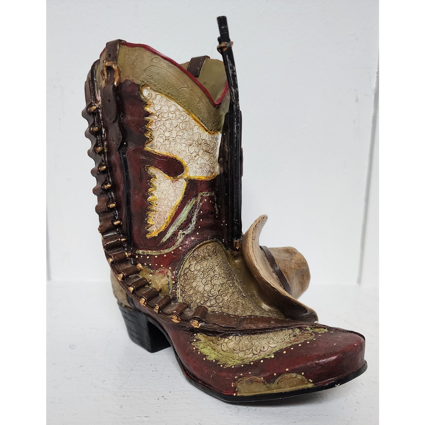 Vintage Handpainted Western Boot Figurine w/ Hat & Rifle Resin Hand Painted 5.5"