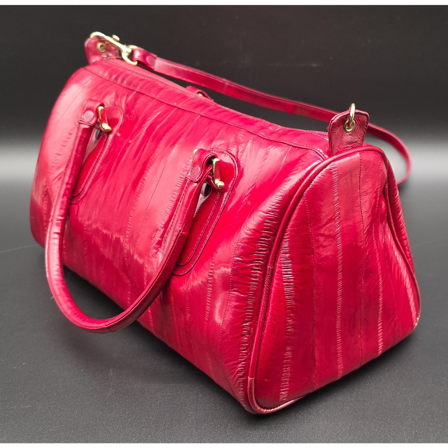 Vintage Genuine Eel Skin Burgundy Handbag Korea w/ Strap & Brass Hardware