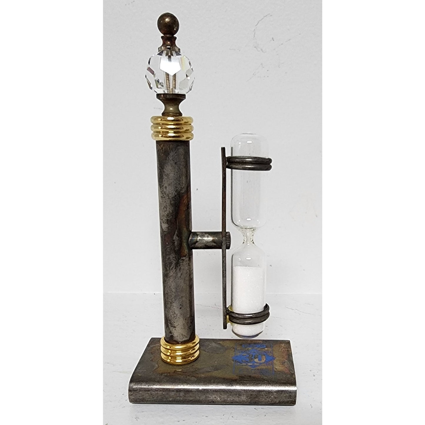 Vintage Brass Hourglass Timer on Stand – 3‑Min Promo Piece, Crystal Finial