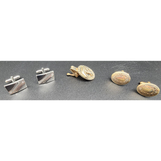 Vintage Cufflinks & Horse Head Tie Clip Set Gold Silver Mixed Lot