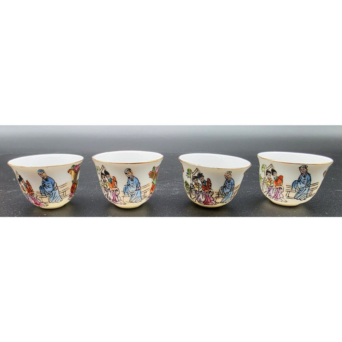 Vintage Hand Painted Porcelain Sake Tea Set 22K Gold Gilt Red Brocade Box Set