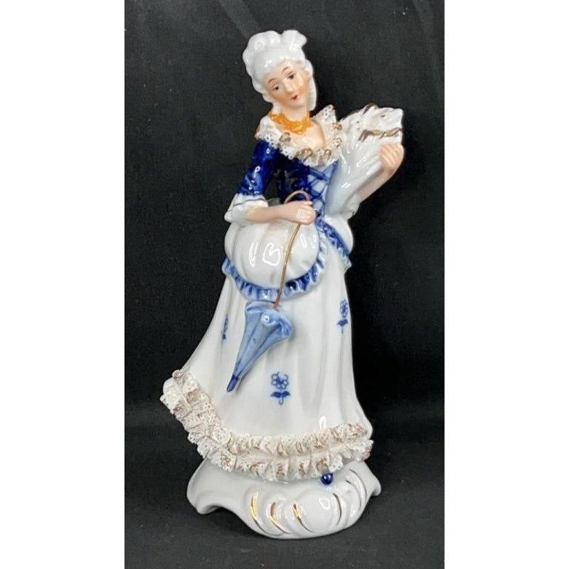 Victorian Style Blue White Porcelain Figurine Pair w/ Gold Accents Hand Painted