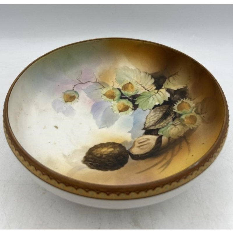 Antique Nippon Morimura Hand Painted Footed Bowl Hazelnut Pinecone RARE!
