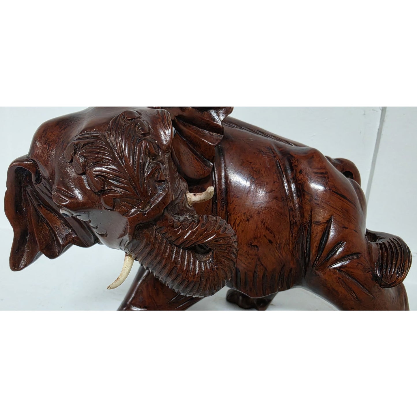 Vintage Hand‑Carved Mahogany Elephant Figurine 6" Wide Solid Wood Sculpture Nice