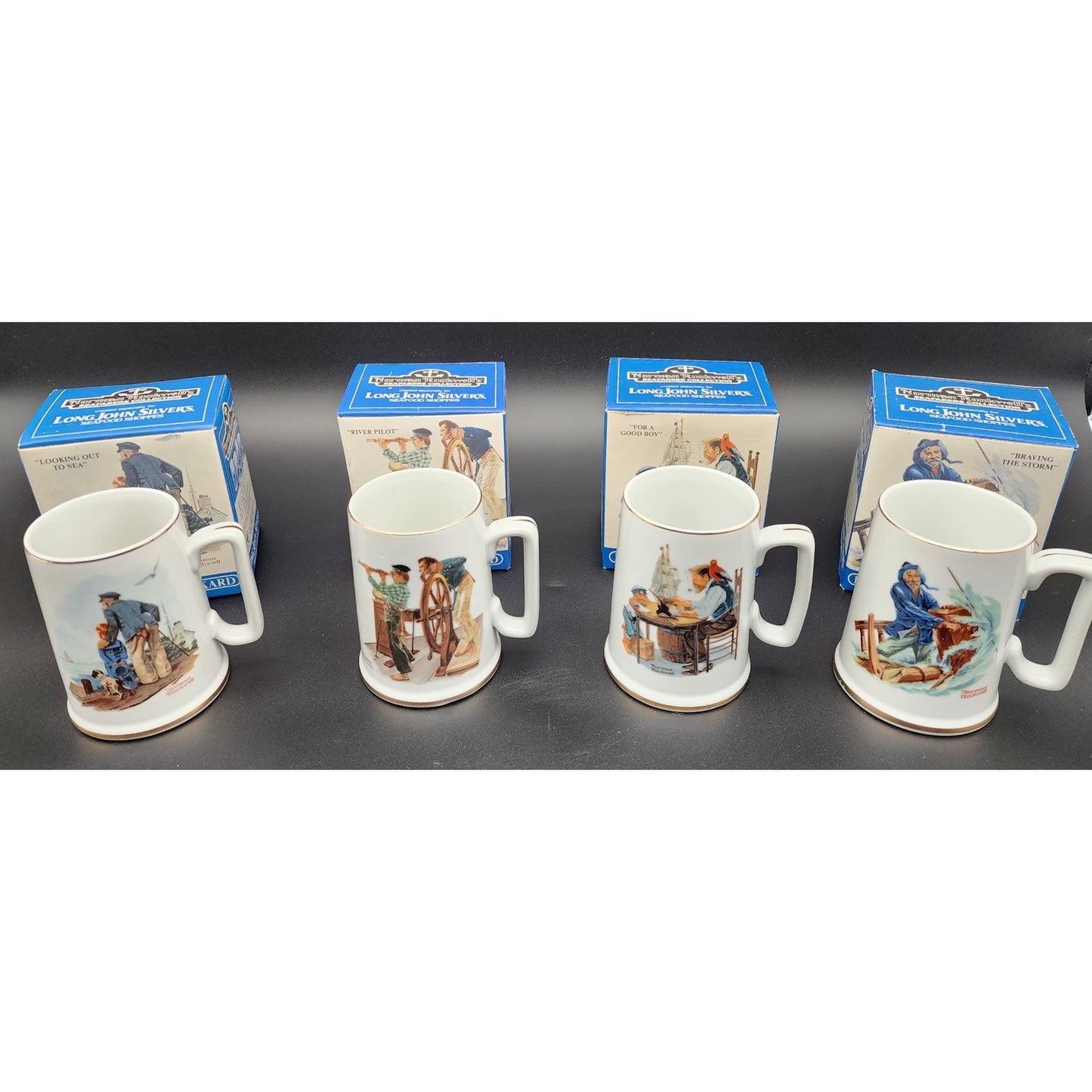 1985 Norman Rockwell Seafarers Tankard Set of 4 w/ Boxes Japan 22K Gold by LJS