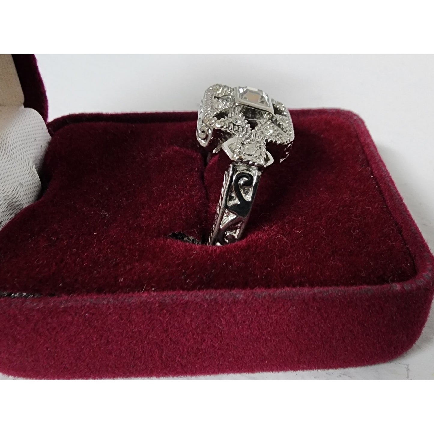 Vintage Silver Ring Size 9.75 w/ Box – Square Cut Clear Stone & Filigree Design