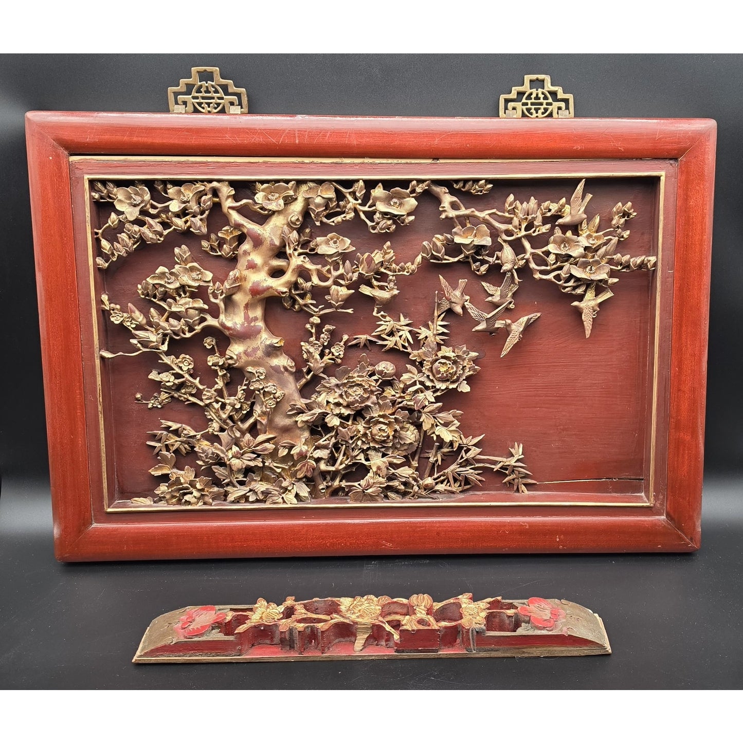 Vintage Chinese Carved Wood Panel & Header – Birds & Blossoms – Gold Detail - Rare