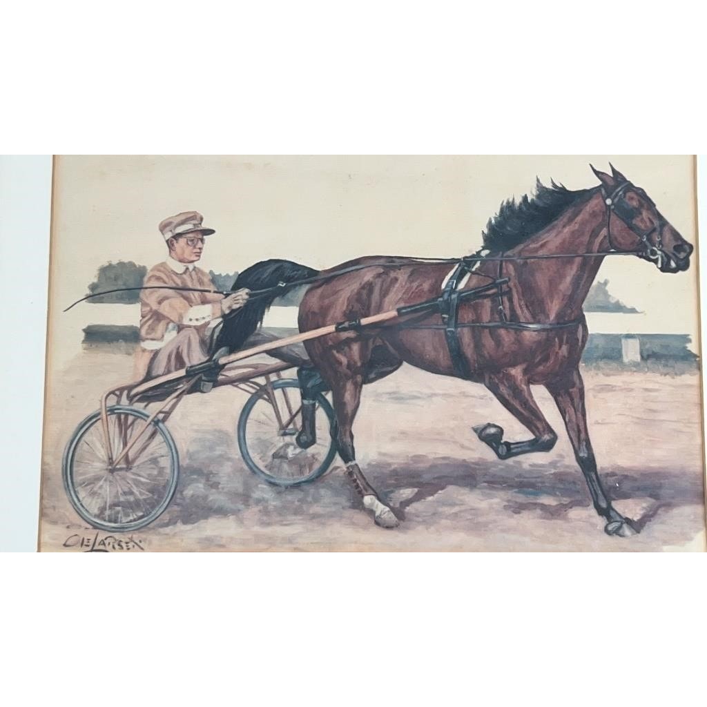 VTG Ole Larsen Original Watercolor Horse & Sulky Racing Scene, Signed & Framed