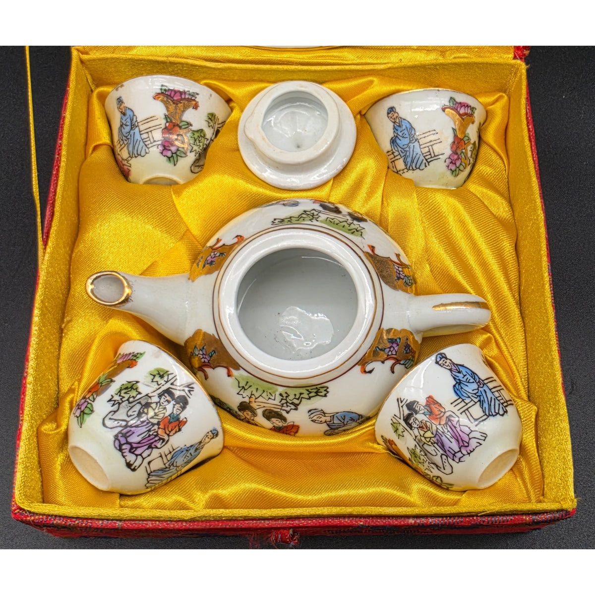 Vintage Hand Painted Porcelain Sake Tea Set 22K Gold Gilt Red Brocade Box Set