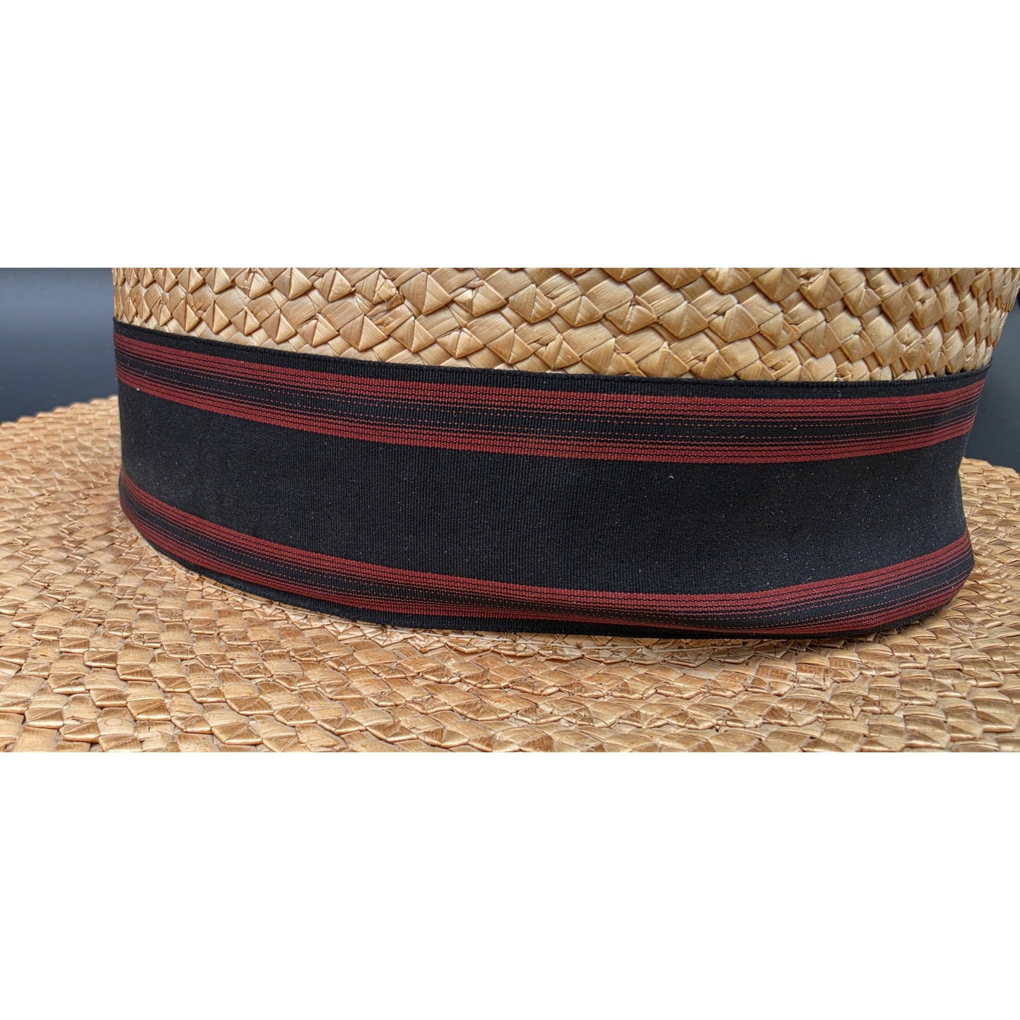 Vintage Dobbs Fifth Ave Tan Straw Boater Hat w/ Black & Red Ribbon 6oz - Nice