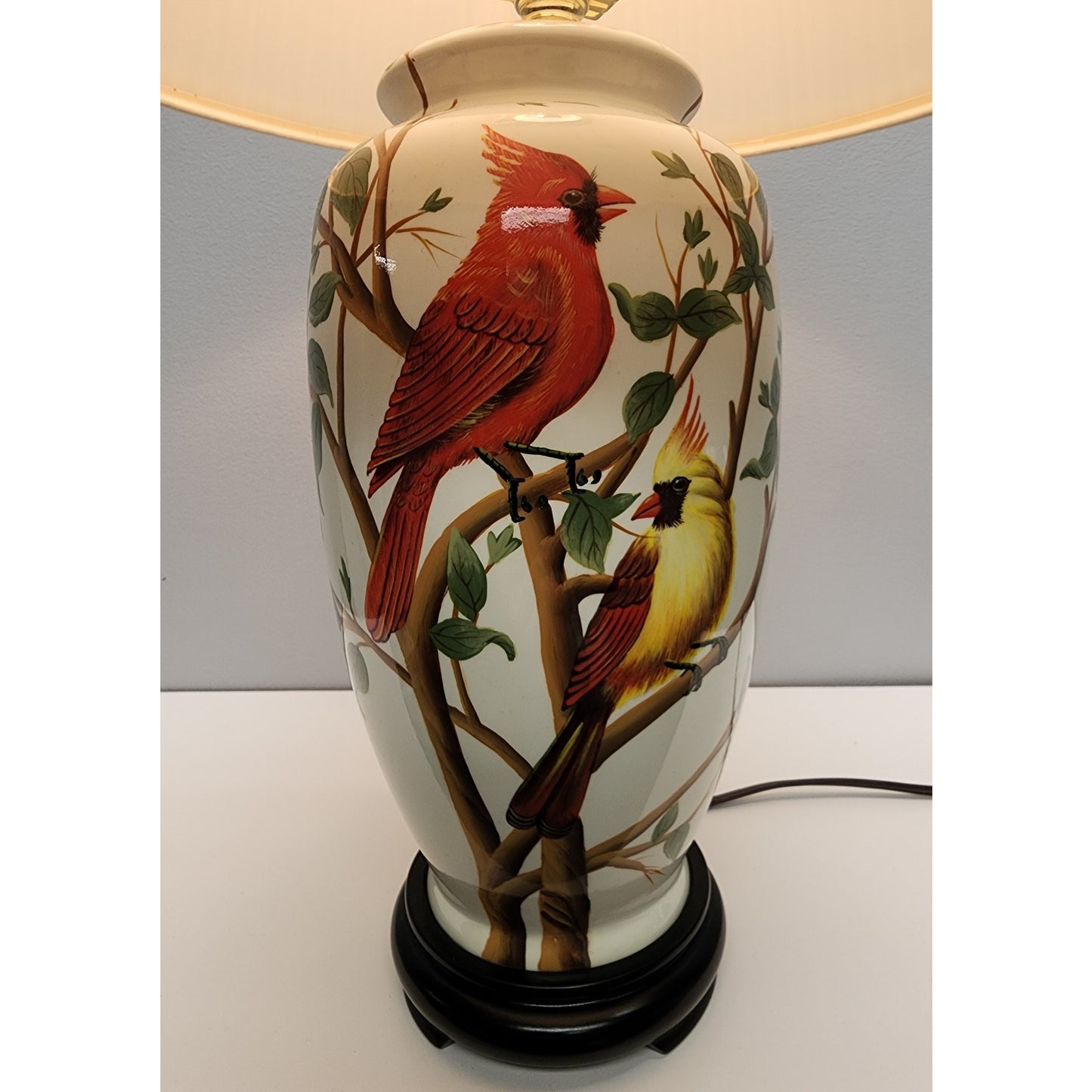 Vintage Ceramic Bird Lamp 24.5" – Cardinal & Goldfinch – Tree Finial, Wood Bas