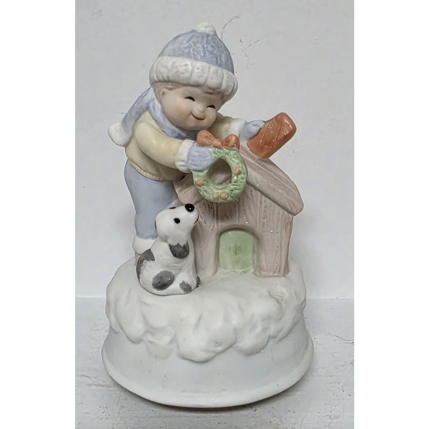 Vintage Boy & Dog Christmas Music Box Rotating Porcelain Figurine