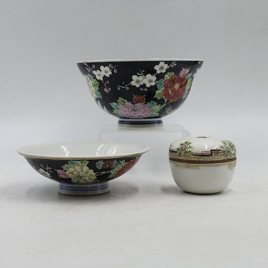 2 Vintage Chinese Famille Noire Porcelain Bowls & Vintage Nippon Two Piece Hand Painted Trinket Bowl