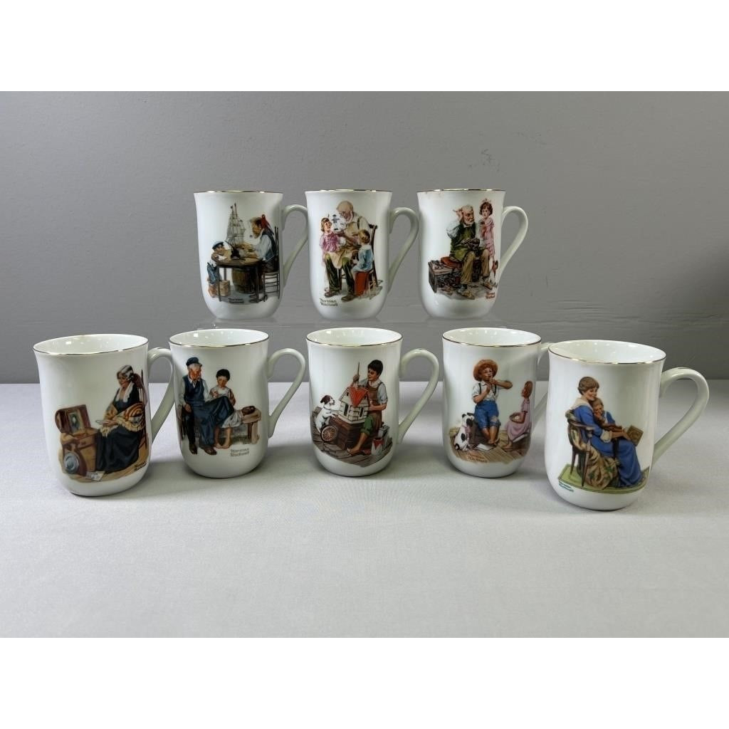 Norman Rockwell Museum Coffee Mug Cup Glasses (1982) Gold Trim - VINTAGE - 8 Pc (Rare)