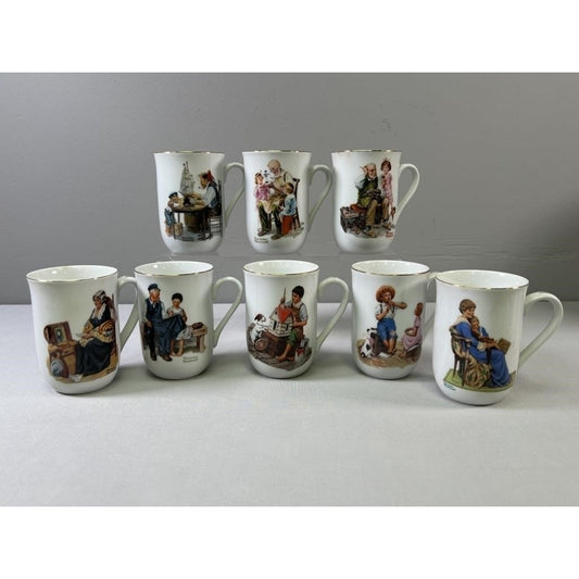 Norman Rockwell Museum Coffee Mug Cup Glasses (1982) Gold Trim - VINTAGE - 8 Pc (Rare)