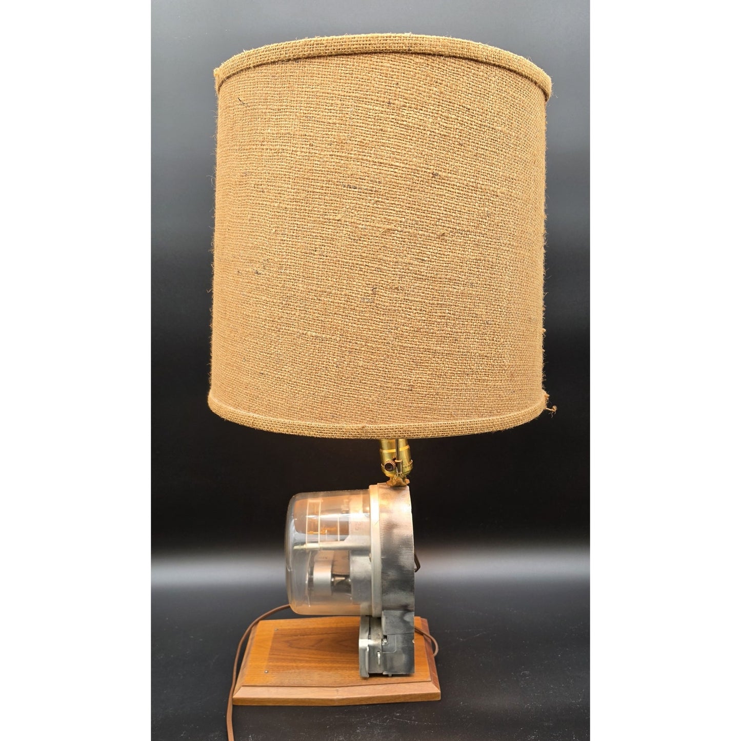 Vintage 24.5" GE KWH Meter 3‑Way Lamp w/ Burlap Shade & Wood Base Works - Rare