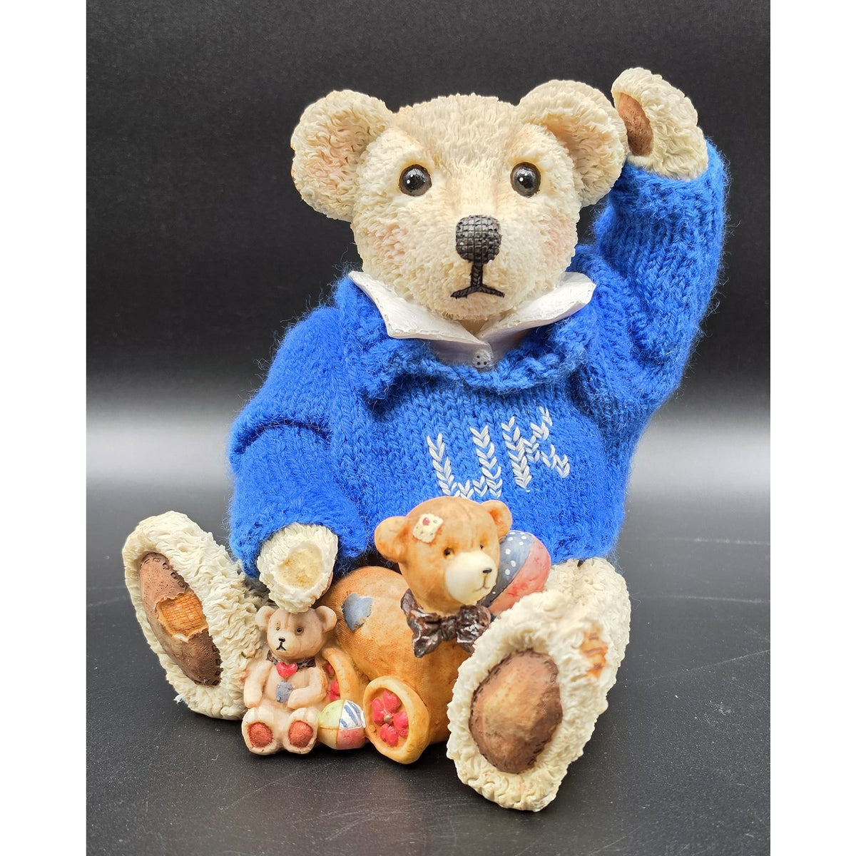 Vintage UK Bear Figurine Knit Royal Blue Sweater Cross Stitch UK Basketballs 8"