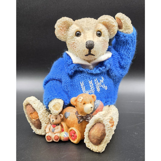 Vintage UK Bear Figurine Knit Royal Blue Sweater Cross Stitch UK Basketballs 8"