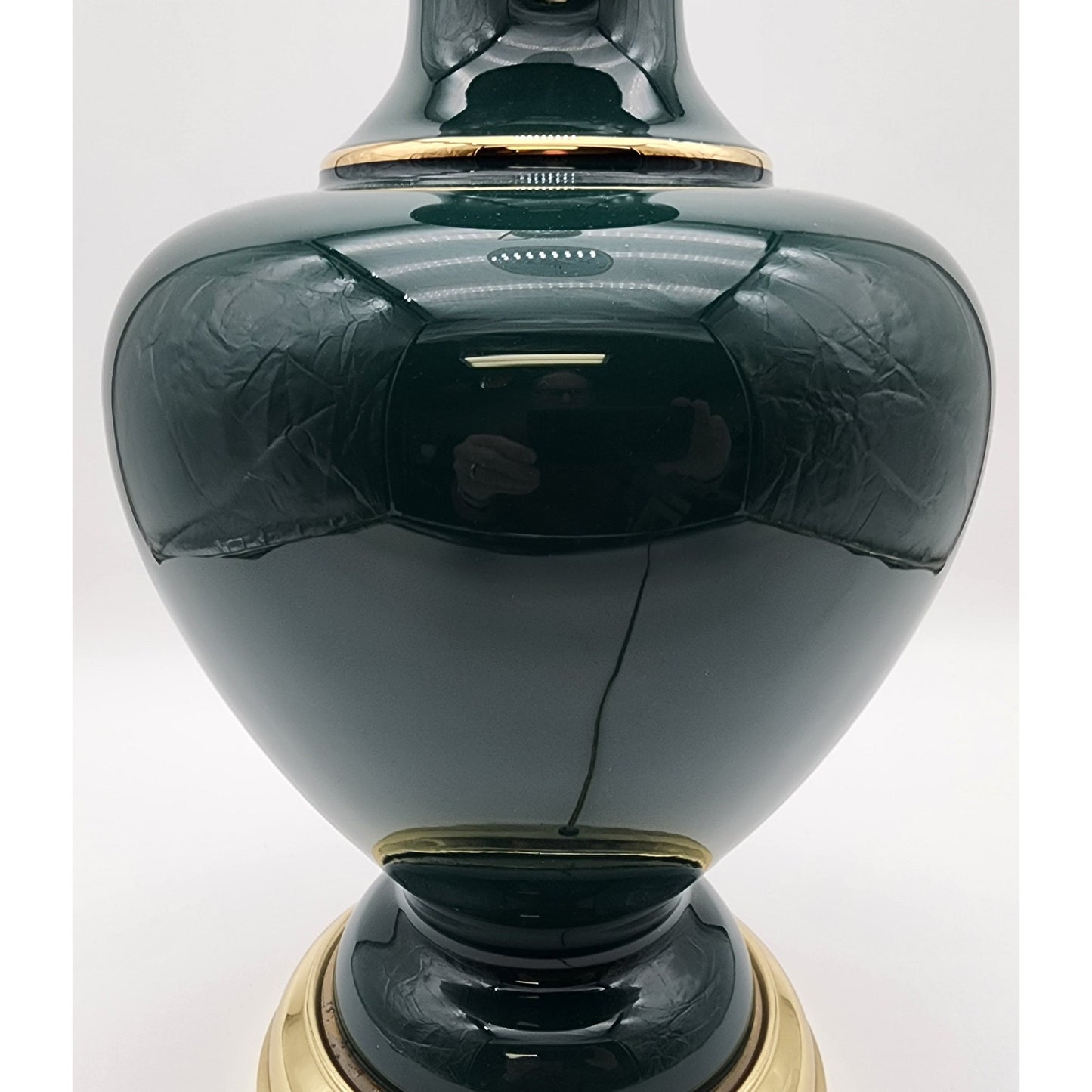 Vintage Forest Green Ceramic Lamp & Shade 30.25"H w/22K Gold Floral 3Way Switch